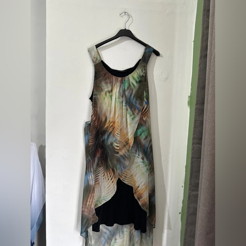 Sleeveless Tropical Print Layered High-Low Dress - Green/Multicolor
